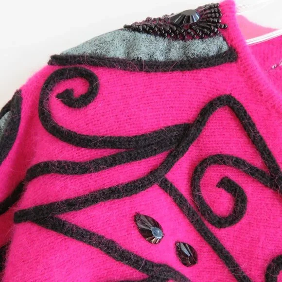 VINTAGE CEDARS Angora Lambswool Pink Beaded Dolman Sleeve Sweater - Size M - Picture 8 of 15